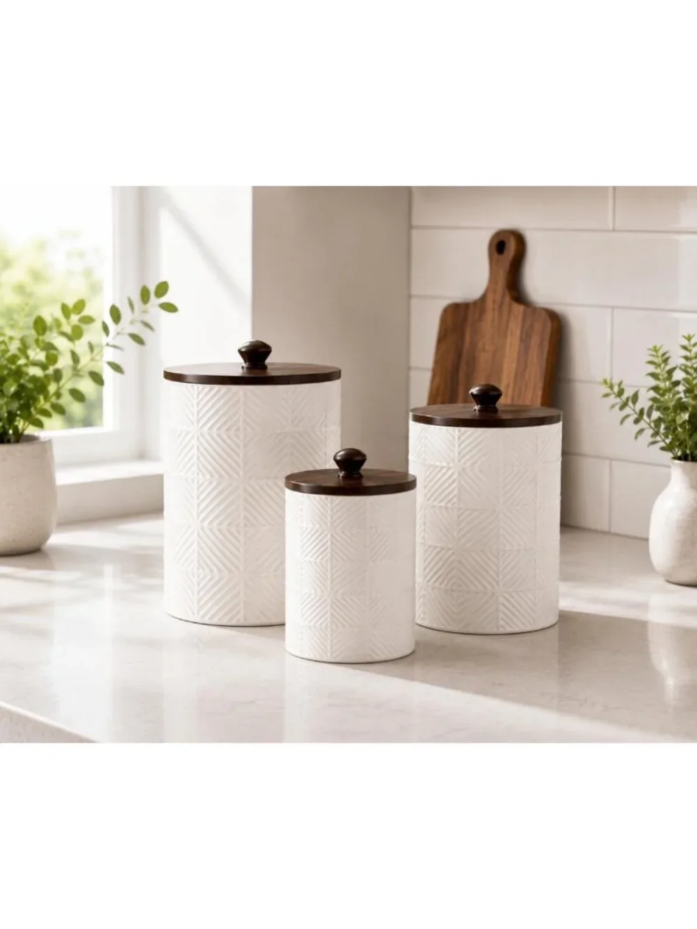 Airtight Ceramic Kitchen Canister Set with Bamboo Lids | 3-Piece Storage